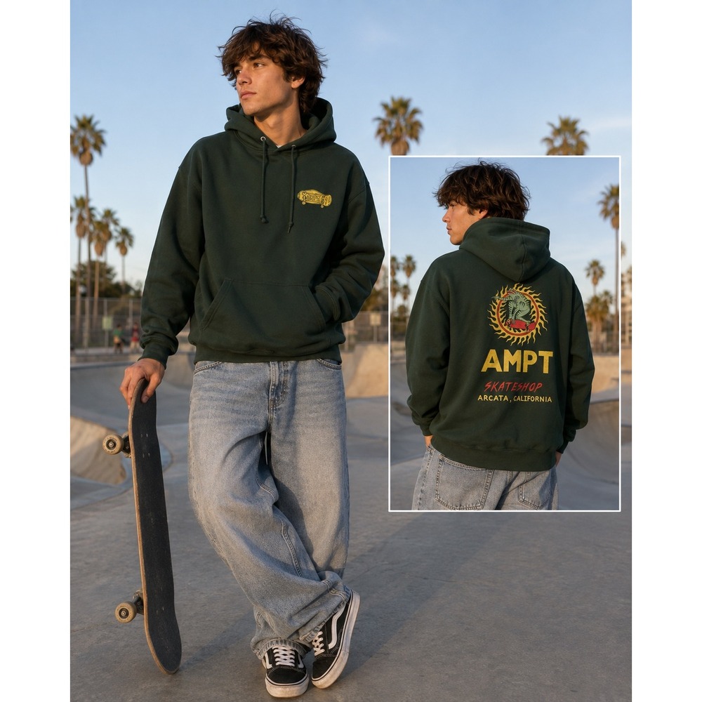 VINTAGE Ampt Skateshop Arcata Ca Graphic Hoodie Green Mens XL Skateboarding